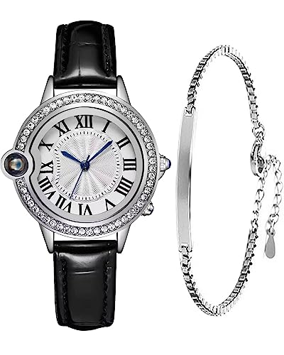 CIVO Armbanduhr Damen Set Leder Analog Damen Uhr Wasserdicht Uhr und Armband Set Damen Klassisch Damenuhr Schwarz Elegante Quarz Minimalistische Geschenkset fur Frauen von CIVO