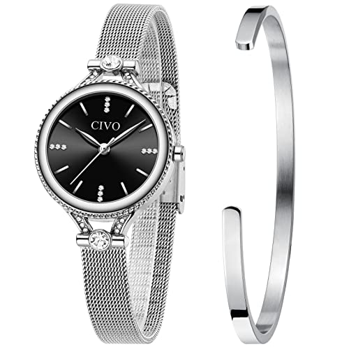 CIVO Damen Uhren Set mit Armreif Wasserdicht Minimalistisch Armbanduhr Damen Uhr Edelstahl Armband Mode Kleid Elegant Beiläufig Designer Quarzuhr Ultradünne Silber von CIVO
