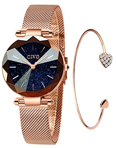 CIVO Damen Uhr Wasserdicht Elegant Beiläufig Edelstahl Mesh Mode Kreativ Uhr und Armband Set Damen Schwarz von CIVO