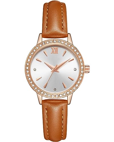 CIVO Damenuhr Elegant Armbanduhr Damen Dünn Analog Quarz Diamant Armband Uhr Damen Roségold Wasserdicht Braun Leder Band Uhren, Geschenk für Frauen von CIVO