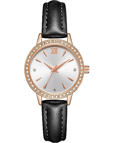 CIVO Damenuhr Elegant Armbanduhr Damen Dünn Analog Quarz Diamant Armband Uhr Damen Roségold Wasserdicht Schwarz Leder Band Uhren, Geschenk für Frauen von CIVO