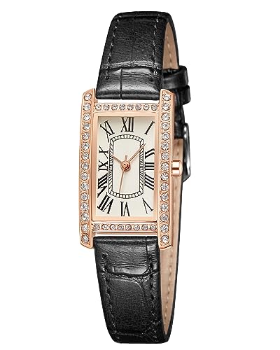 CIVO Damenuhr Elegant Armbanduhr Damen Wasserdicht Rechteck Diamant Gehäuse Analog Quarzuhr Schwarz Leder Band Klassische Vintage Roségold Uhren Damen, Geschenke Frauen von CIVO