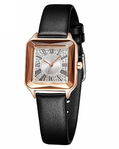 CIVO Damenuhr Elegant Uhr Damen Schwarz Lederband Wasserdicht Analog Armbanduhr Lässig Rosegold Quadrat Gehause Stylish Diamant Zifferblatt Uhren Damen, Geschenke Frauen von CIVO