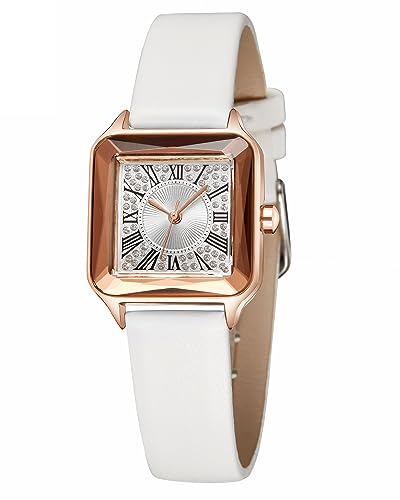 CIVO Damenuhr Elegant Uhr Damen Weiß Lederband Wasserdicht Analog Armbanduhr Lässig Rosegold Quadrat Gehause Stylish Diamant Zifferblatt Uhren Damen, Geschenke Frauen von CIVO