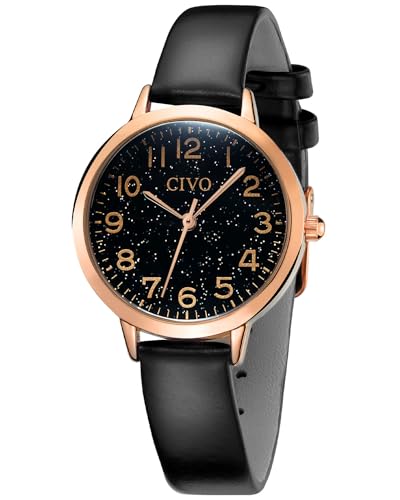 CIVO Damenuhr Leder Schwarz Quarz Analog Wasserdicht Armbanduhr Damen Zahlen Minimalistische Klassisch Elegante Lässig Kleid Geschenke Uhren fur Damen Sternenhimmel Zifferblatt von CIVO