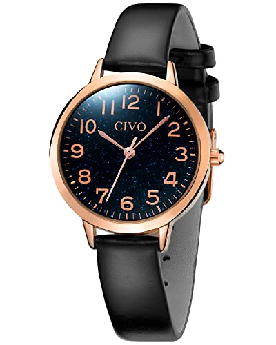 CIVO Damenuhr Leder Schwarz Quarz Analog Wasserdicht Armbanduhr Damen Zahlen Minimalistische Klassisch Elegante Lässig Kleid Geschenke Uhren fur Damen Sternenhimmel Zifferblatt von CIVO