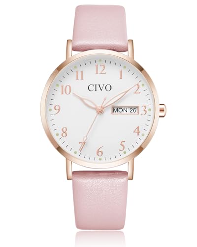 CIVO Damenuhr Lederarmband Rosa Armbanduhr: Elegant Uhren Damen Analog Quarz - Datum Wasserdicht Uhren Frauen Minimalistisch Mode Kleid Geschenke für Damen von CIVO