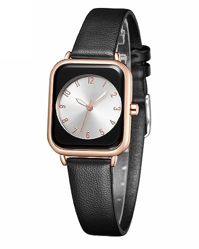 CIVO Damenuhr Mode Rechteck Armbanduhr Damen Minimalist Analog Roségold Gehäuse Leuchtend Uhr Damen Elegante Schwarz Leder Band Wasserdicht Quarzuhr Geschenke Frauen von CIVO