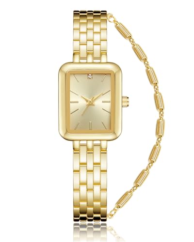 CIVO Damenuhr und Armband Rechteckig Gold Edelstahl Armbanduhr Damen Designer Einfache Wasserdicht Analog Quarz Uhr, Klassische Geschenke für Frauen von CIVO