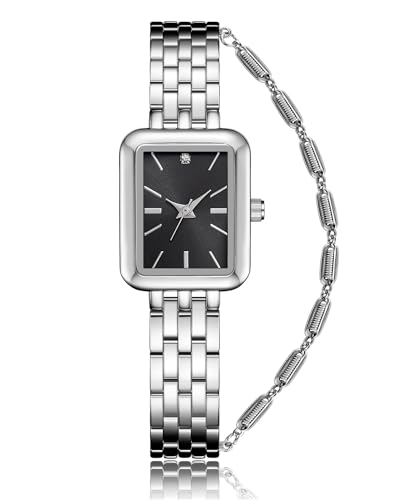 CIVO Damenuhr und Armband Rechteckig Silber Edelstahl Armbanduhr Damen Designer Einfache Wasserdicht Analog Quarz Uhr, Klassische Geschenke für Frauen von CIVO