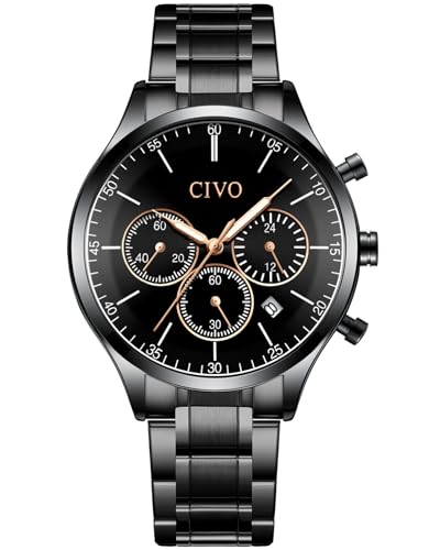 CIVO Herren-Uhr Chronograph-Schwarz Edelstahl-Analog Herrenuhr-Klassische - Wasserdicht Datum Leuchtend Stoppuhr Designer Runden Quarzuhr, Geschenke für Männer von CIVO