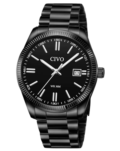 CIVO Herren Uhr Edelstahl Armbanduhr: Schwarz Einfach Business Uhren für Männer Wasserdicht - Analog Quarz Herrenuhr mit Leuchtend Datum von CIVO