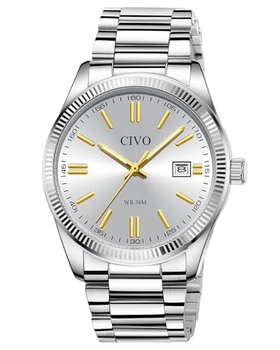 CIVO Herren Uhr Edelstahl Armbanduhr: Silber Einfach Business Uhren für Männer Wasserdicht - Analog Quarz Herrenuhr mit Leuchtend Datum von CIVO