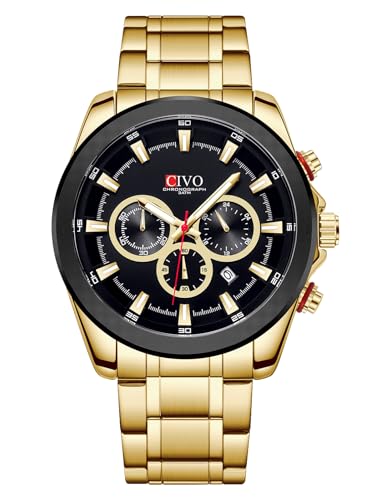 CIVO Herren Uhren Gold Analog: Quarz Chronograph Groß Ziffernblatt Armbanduhr - Edelstahl Wasserdicht Leuchtende Klassische Business Geschenke für Männer von CIVO