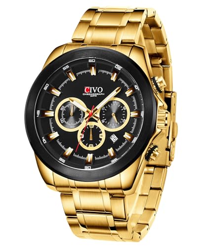 CIVO Herren-Uhren Gold Edelstahl-Analog: Wasserdicht Chronograph Groß Ziffernblatt Armbanduhr Männer von CIVO