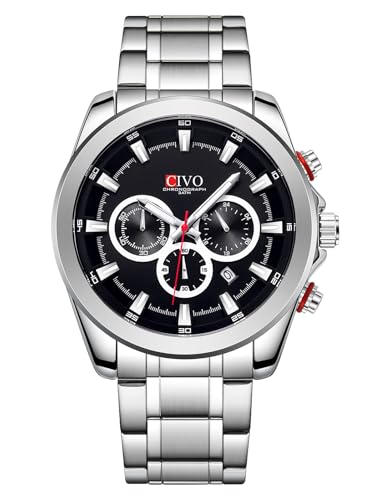 CIVO Herren Uhren Silber Analog: Quarz Chronograph Groß Ziffernblatt Armbanduhr - Edelstahl Wasserdicht Leuchtende Klassische Business Geschenke für Männer von CIVO