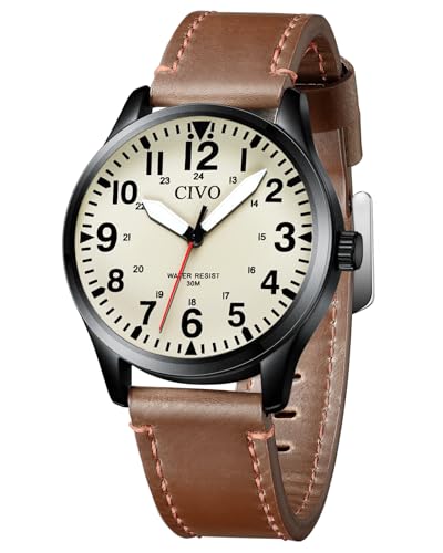 CIVO Herrenuhr Analog Quarz Outdoor: Mode Uhr mit Groß Zahlen - Leder Wasserdicht Geschenk für Männer von CIVO