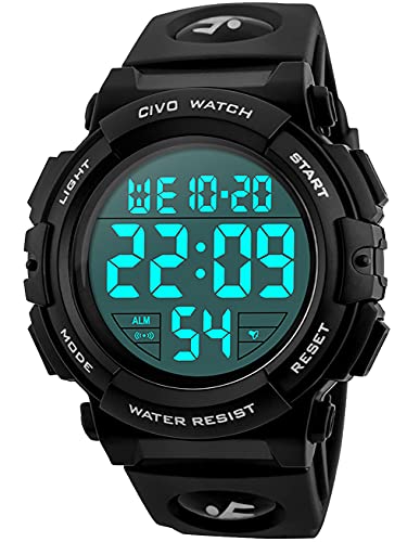 CIVO Herrenuhr Digital Sport Outdoor: 50M Wasserdicht Große Zifferblatt Militär - Schwarz Tactical LED Digital Armbanduhr Mit Wecker/Kalender/Stoppuhr von CIVO