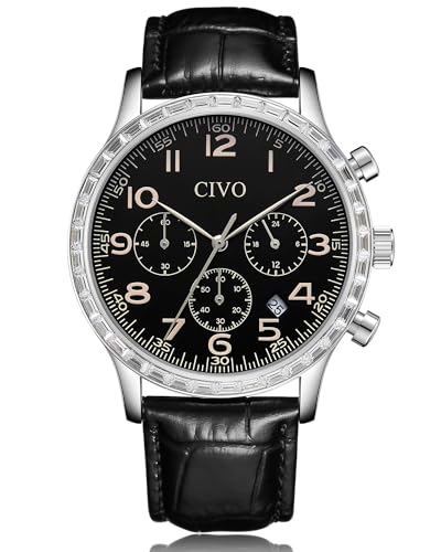 CIVO Herrenuhr Leder Sportlich Chronographen: Schwarz Armbanduhr Herren Klassisch Wasserdicht Analog Geschenke Uhren fur Männer Datum von CIVO