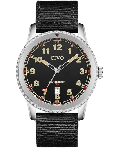 CIVO Herrenuhr Militär Uhr Herren Analog Wasserdicht Leuchtend Outdoor Armbanduhr Herren Schwarz Nylon Armband Datum Round Edelstahl Gehäuse Quarz Männeruhr von CIVO