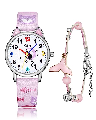 CIVO Kinder Rosa Armbanduhr Mädchen, Kinderuhr Mädchen Jungen Lernuhr Analog Quarz Leder Wasserdicht Rosa Mädchen Uhr Zeit Lehrer von CIVO