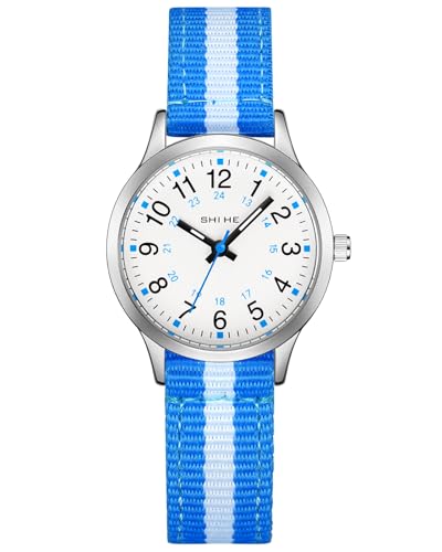 CIVO Kinderuhr Junge Mädchen Armbanduhr: Blau Weiß Nylon Kinder Uhr Analog - Lernuhr Kinder Leicht zu Lesen Leuchtend Quarzuhr Geschenke 7-14 Jahre von CIVO