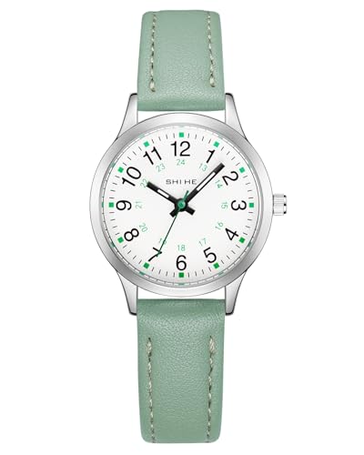 CIVO Kinderuhr Junge Mädchen Armbanduhr: Grün Leder Kinder Uhr Analog - Lernuhr Kinder Leicht zu Lesen Leuchtend Quarzuhr Geschenke 7-14 Jahre von CIVO