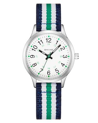 CIVO Kinderuhr Junge Mädchen Armbanduhr: Grün Weiß Nylon Kinder Uhr Analog - Lernuhr Kinder Leicht zu Lesen Leuchtend Quarzuhr Geschenke 7-14 Jahre von CIVO