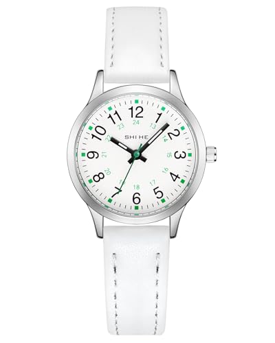 CIVO Kinderuhr Junge Mädchen Armbanduhr: Weiß Leder Kinder Uhr Analog - Lernuhr Kinder Leicht zu Lesen Leuchtend Quarzuhr Geschenke 7-14 Jahre von CIVO