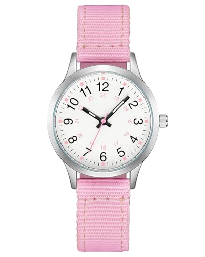 CIVO Kinderuhr Mädchen Junge Armbanduhr: Rosa Nylon Kinder Uhr Analog - Lernuhr Kinder Leicht zu Lesen Leuchtend Quarzuhr Geschenke 7-14 Jahre von CIVO