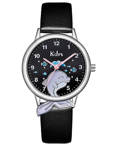 CIVO Kinderuhr Mädchen Jungen Schwarz Leder Armbanduhr Kinder Analog Quarz Lernuhr Wasserdicht Mädchen Uhr Arabische Ziffern Süß Modische, Geschenke für Kinder von CIVO