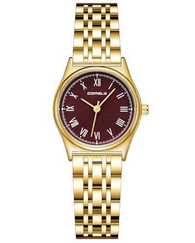 CIVO Klein Damenuhr Gold Edelstahl: Vintage Armbanduhr Damen Römische Ziffern - Analog Uhren für Frauen Rot Zifferblatt von CIVO