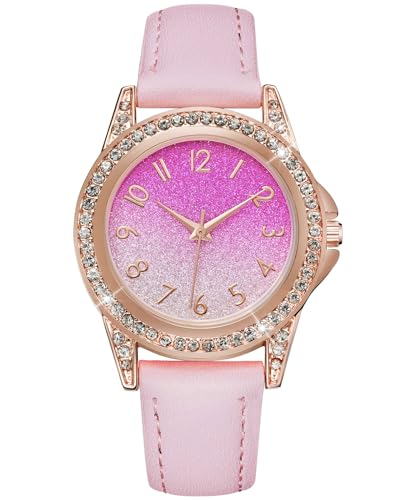 CIVO Mädchen-Armbanduhr Lederarmband Rosa Analog-Quarzuhr - Mädchenuhr Kleid Wasserdicht Diamant Damenuhr mit Arabische Ziffern, Geschenke für Frauen von CIVO