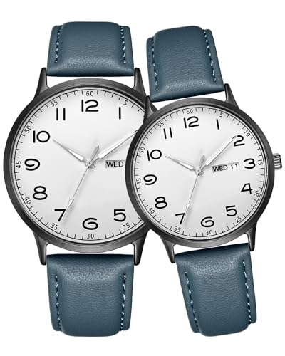 CIVO Paar Uhr Analog Quarz Blau Lederarmband Damen und Herren Uhren Designer Wasserdicht Woche Datum Quarz Armbanduhr Minimalistisch Elegant Kalender Leuchtend Uhr Geschenke für Männer Frauen von CIVO