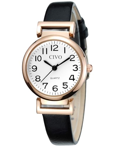 CIVO Schwarz Lederarmband Armbanduhr Damen: Wasserdicht Analog Quarz Klein Damenuhr - Klassische Geschenke fur Frauen von CIVO