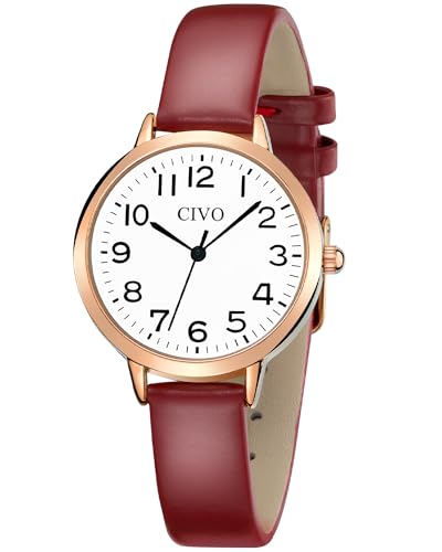 CIVO Damen Leder Minimalistische Quarz Analog Wasserdicht Armbanduhr Rot Klassisch Elegante Kleid Geschenke Uhren für Frauen von CIVO