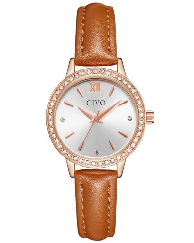 CIVO Uhr Damen Runden Analog Damenuhr Braun Lederarmband Minimalistisch Wasserdicht Quarzuhr Roségold Gehäuse Dünn Elegant Armbanduhr Damen, Geschenke für Frauen von CIVO