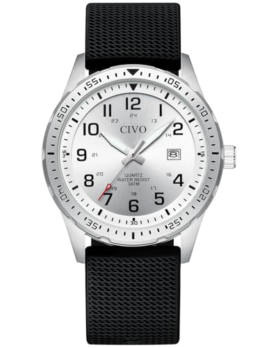 CIVO Uhren Herren Analog Schwarz: Klassische Militär Armbanduhr mit Datum Leuchtend - Wasserdicht Quarz Uhren für Männer Gummi Band von CIVO