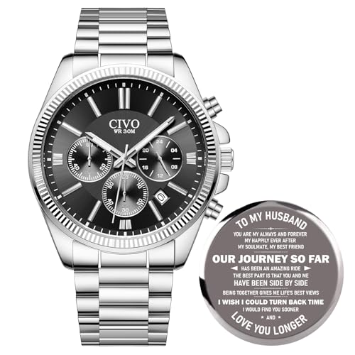 CIVO Uhren Herren Chronograph für Ehemann: Silber Edelstahl Armbanduhr Herren mit Datum - Personalisierte Herrenuhr Geschenk zum Geburtstag Jahrestag Valentinstag von CIVO