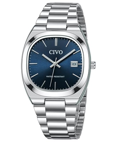 CIVO Uhren Herren Edelstahl Armbanduhr: Casual Analog Quarz Herren Uhr mit Leuchtend Datum - Business Wasserdicht Silber Blau Uhren für Männer von CIVO