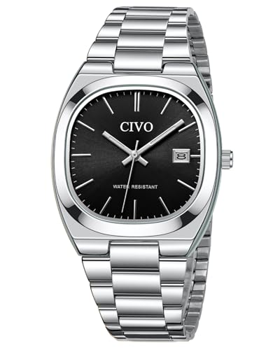 CIVO Uhren Herren Edelstahl Armbanduhr: Casual Analog Quarz Herren Uhr mit Leuchtend Datum - Business Wasserdicht Silber Schwarz Uhren für Männer von CIVO