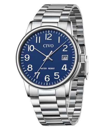 CIVO Uhren Herren Edelstahl Armbanduhr: Wasserdicht Männer Uhr Blau Ziffernblatt Klassisch - Silber Herren Uhr Analog Quarz mit Datum von CIVO