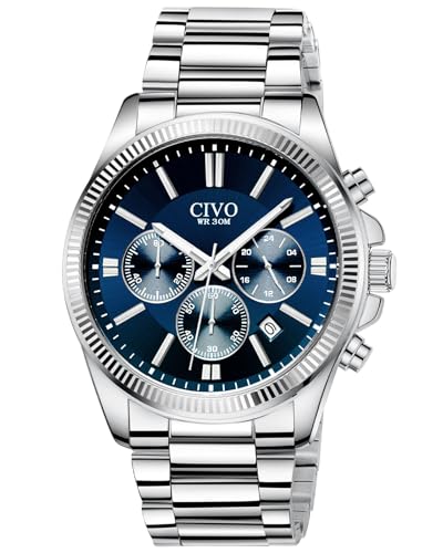 CIVO Uhren Herren Edelstahl Chronograph: Silber Armbanduhr Herren mit Datum - Blau Zifferblatt Uhr Wasserdicht Quarz Mode Casual von CIVO