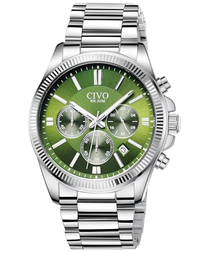 CIVO Uhren Herren Edelstahl Chronograph: Silber Armbanduhr Herren mit Datum - Grün Zifferblatt Uhr Wasserdicht Quarz Mode Casual von CIVO
