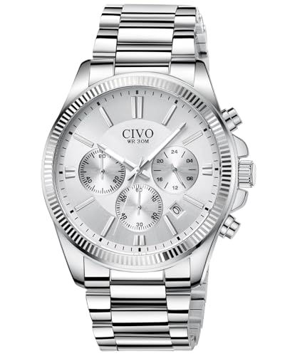 CIVO Uhren Herren Edelstahl Chronograph: Silber Armbanduhr Herren mit Datum - Wasserdicht Analog Quarz Uhr Mode Casual von CIVO
