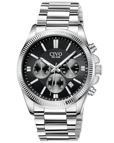 CIVO Uhren Herren Edelstahl Chronograph: Silber Armbanduhr Herren mit Datum - Wasserdicht Quarz Uhr Mode Casual von CIVO