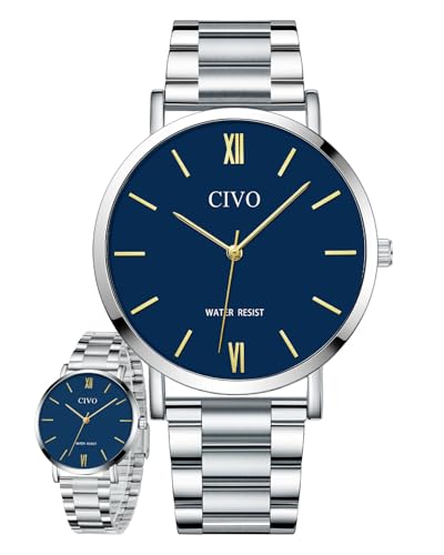 CIVO Uhren Herren Edelstahl Silber: Einfach Analog Business Armbanduhr für Männer - Wasserdicht Quarz Herrenuhr Blau Ziffernblatt von CIVO