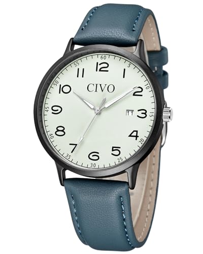CIVO Uhren Herren Lederarmband Armbanduhr: Blau Herrenuhr Datum Leuchtend Wasserdicht - Minimalistische Design Uhr Analog Quarz Klassisch Geschenke für Männer Studenten von CIVO