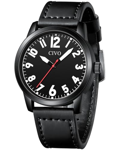 CIVO Uhren Herren Lederarmband Armbanduhr: Leicht Lesbare Uhr mit Groß Zahlen Analog Schwarz Herrenuhren von CIVO