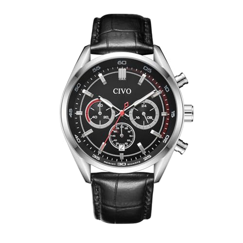 CIVO Uhren-Herren Lederarmband-Schwarz Chronograph Armbanduhr-Herren - klassisch Analog Datum Wasserdicht Herrenuhren Lässig Quarzuhr, Geschenke Männer von CIVO